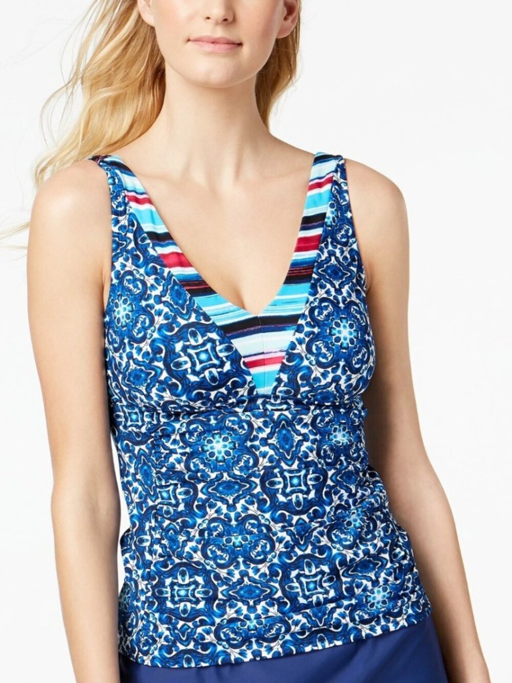 24th & Ocean Viva La Frida Banded Tankini Top Blue Striped Trim Swimsuit L NWT